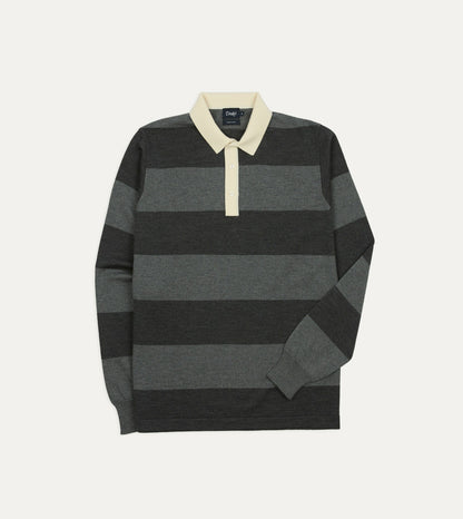 Drake's Grey Block Stripe Knitted Rugby Shirt