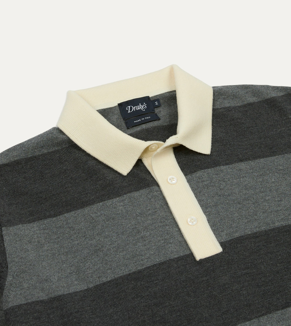 Drake's Grey Block Stripe Knitted Rugby Shirt
