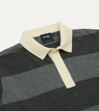 Drake's Grey Block Stripe Knitted Rugby Shirt