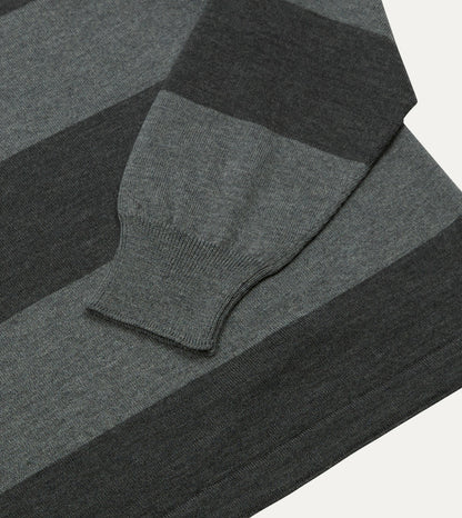 Drake's Grey Block Stripe Knitted Rugby Shirt