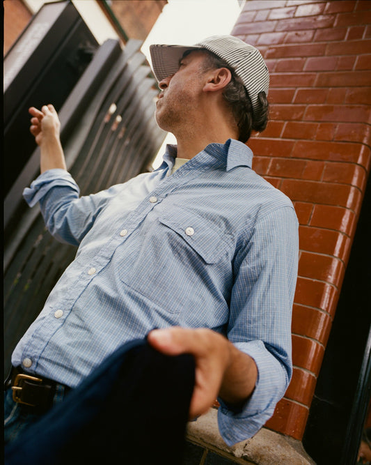 Drake's Blue Check Cotton Long Point Collar Shirt
