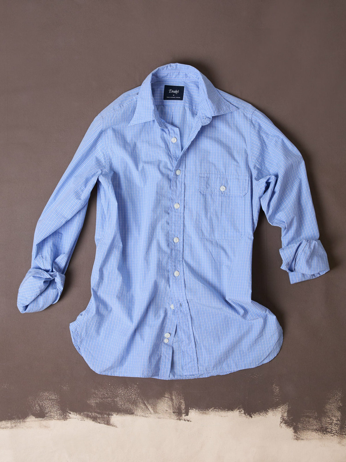 Drake's Blue Check Cotton Long Point Collar Shirt