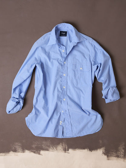 Drake's Blue Check Cotton Long Point Collar Shirt