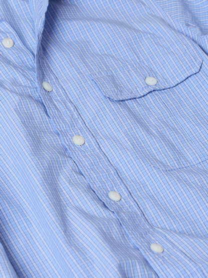 Drake's Blue Check Cotton Long Point Collar Shirt