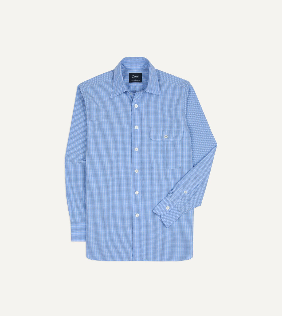Drake's Blue Check Cotton Long Point Collar Shirt