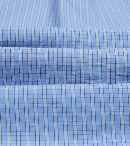 Drake's Blue Check Cotton Long Point Collar Shirt
