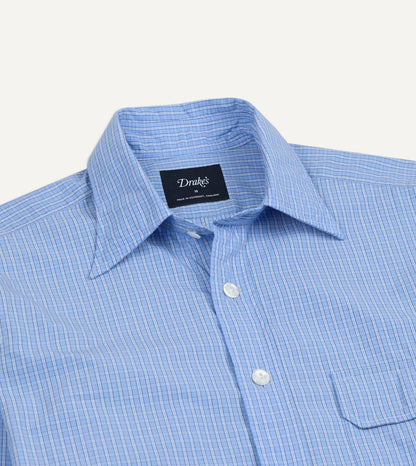 Drake's Blue Check Cotton Long Point Collar Shirt