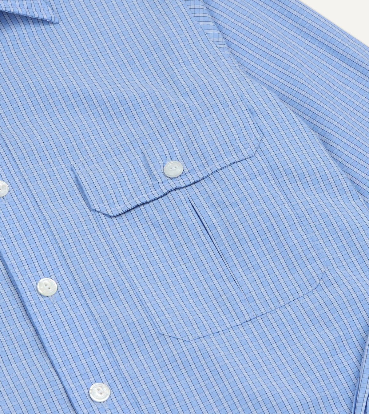 Drake's Blue Check Cotton Long Point Collar Shirt