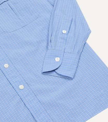 Drake's Blue Check Cotton Long Point Collar Shirt
