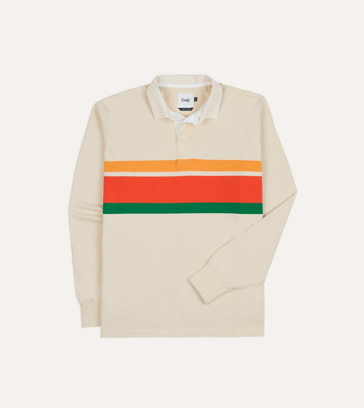 Drake's Ecru Multi Centre Stripe Cotton Rugby Shirt