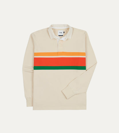 Drake's Ecru Multi Centre Stripe Cotton Rugby Shirt