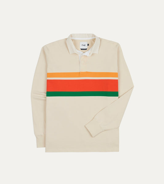 Drake's Ecru Multi Centre Stripe Cotton Rugby Shirt