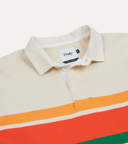 Drake's Ecru Multi Centre Stripe Cotton Rugby Shirt