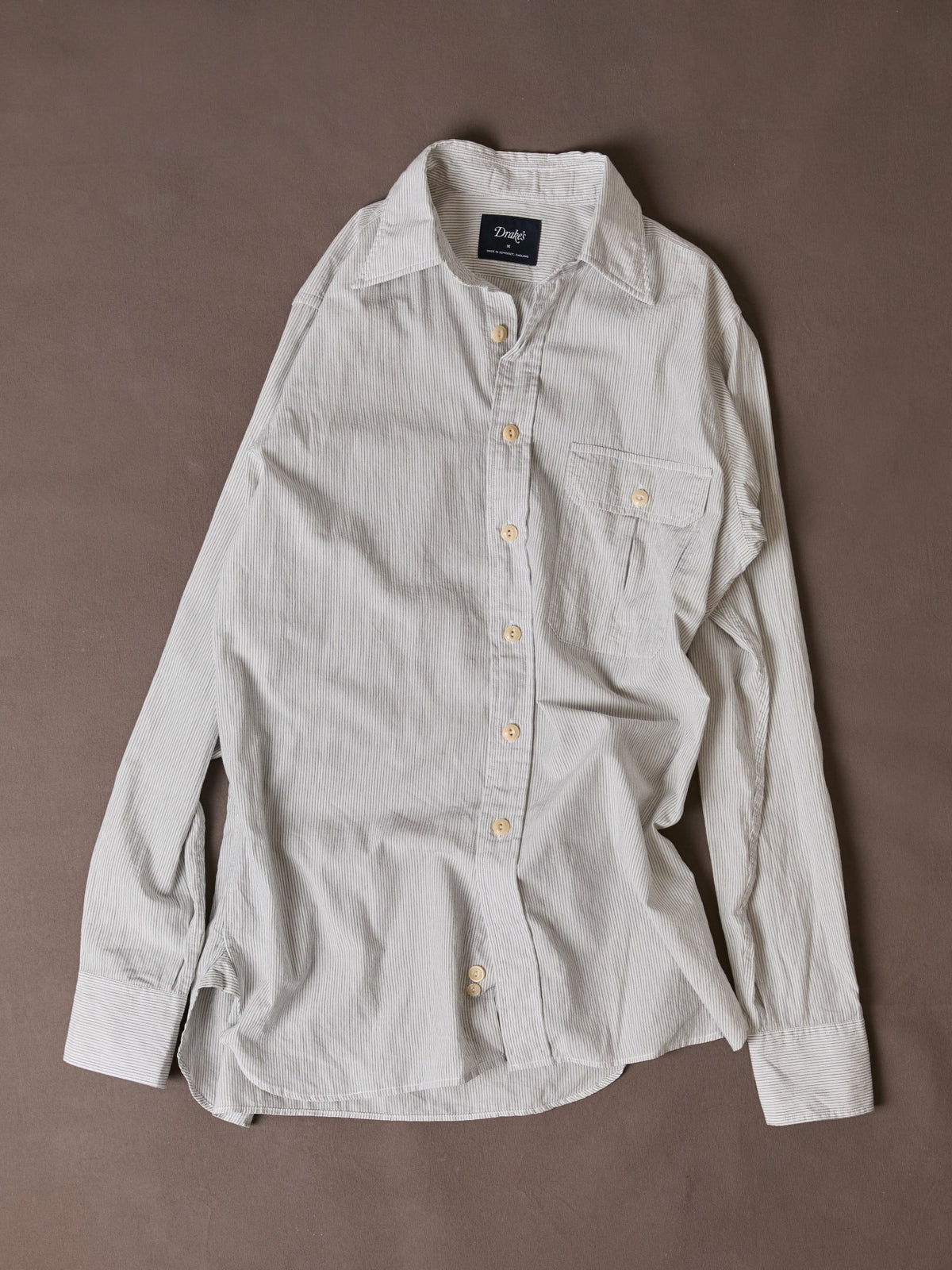 Drake's White and Navy Pinstripe Linen-Cotton Long Point Collar Shirt