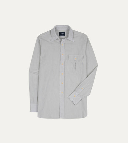 Drake's White and Navy Pinstripe Linen-Cotton Long Point Collar Shirt