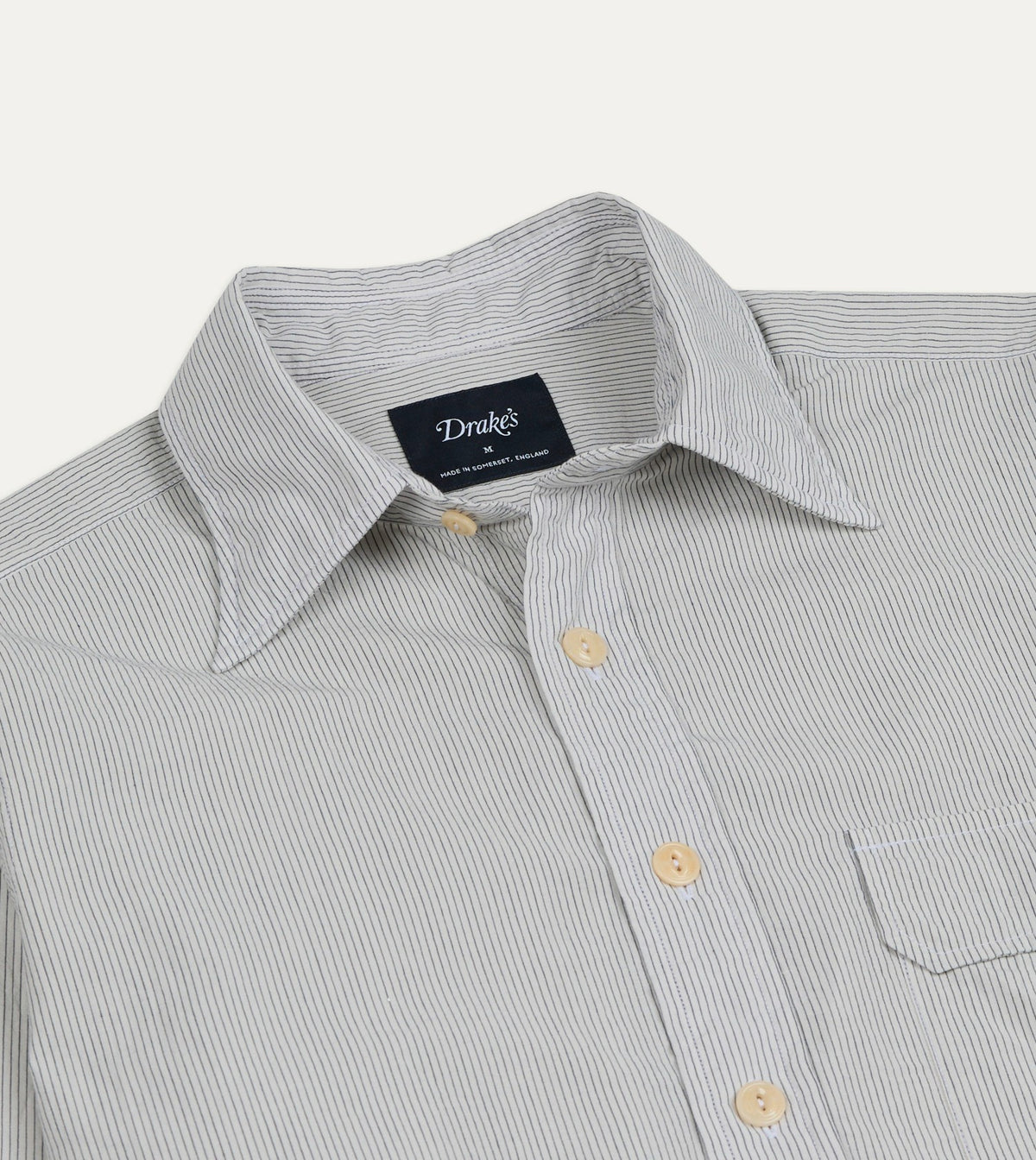 Drake's White and Navy Pinstripe Linen-Cotton Long Point Collar Shirt