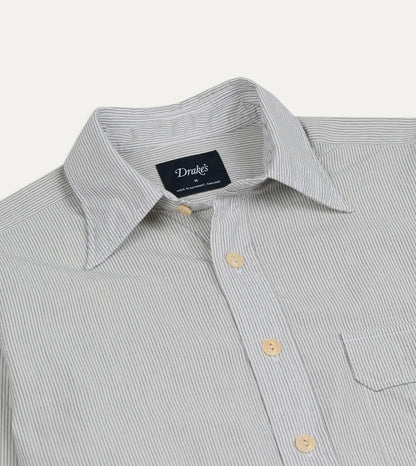 Drake's White and Navy Pinstripe Linen-Cotton Long Point Collar Shirt