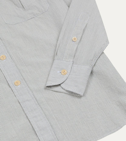Drake's White and Navy Pinstripe Linen-Cotton Long Point Collar Shirt