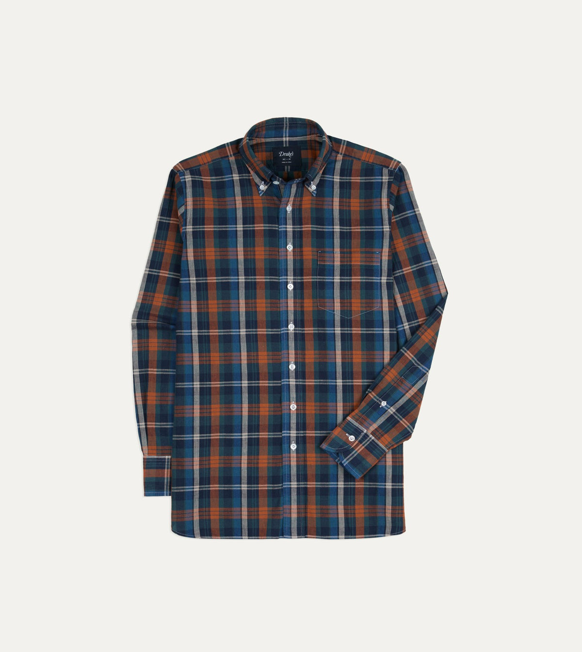 Drake's Navy and Rust Check Cotton Button-Down Shirt
