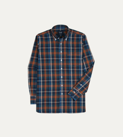 Drake's Navy and Rust Check Cotton Button-Down Shirt