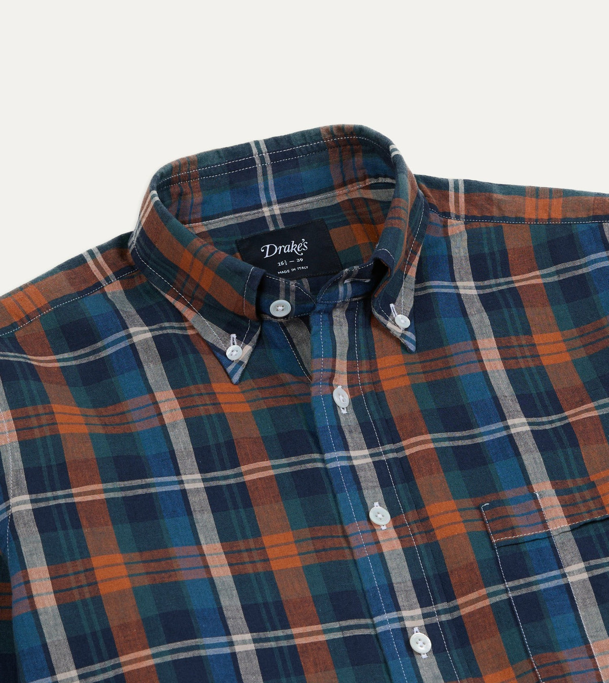 Drake's Navy and Rust Check Cotton Button-Down Shirt