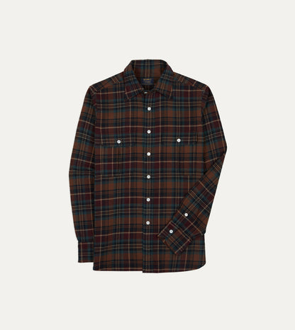 Drake's BEAMS F & Drake's Brown Check Cotton Two-Pocket Long Point Collar Work Shirt