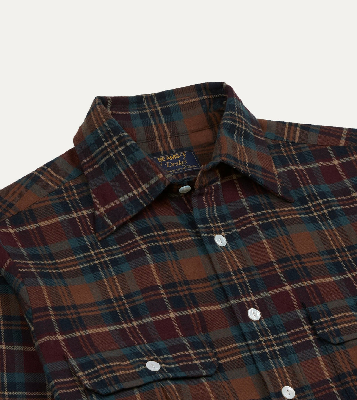 Drake's BEAMS F & Drake's Brown Check Cotton Two-Pocket Long Point Collar Work Shirt