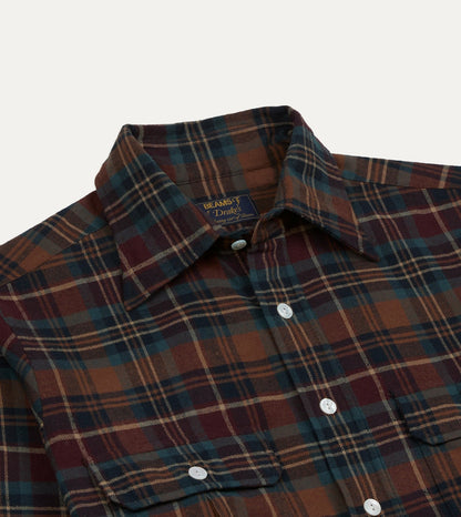 Drake's BEAMS F & Drake's Brown Check Cotton Two-Pocket Long Point Collar Work Shirt