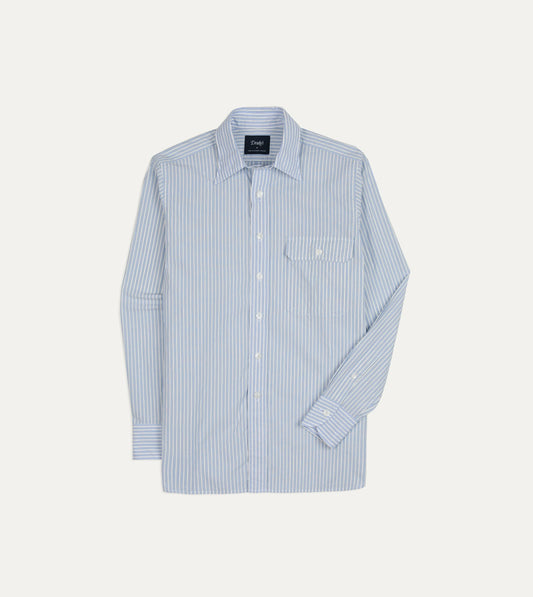 Drake's Blue and White Stripe Cotton Long Point Collar Shirt
