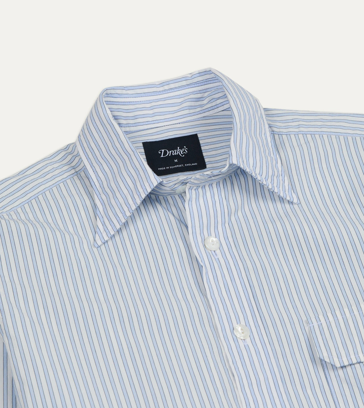 Drake's Blue and White Stripe Cotton Long Point Collar Shirt