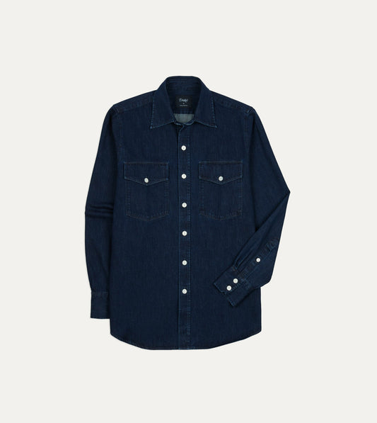 Drake's Indigo Denim Two-Pocket Long Point Collar Shirt