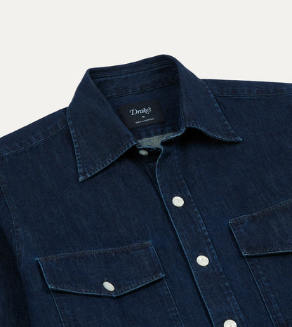 Drake's Indigo Denim Two-Pocket Long Point Collar Shirt