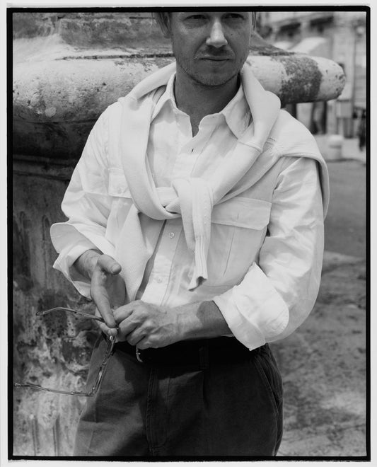 Drake's White Linen Two-Pocket Long Point Collar Work Shirt
