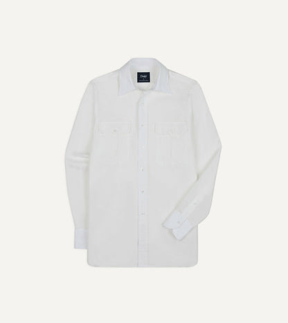 Drake's White Linen Two-Pocket Long Point Collar Work Shirt