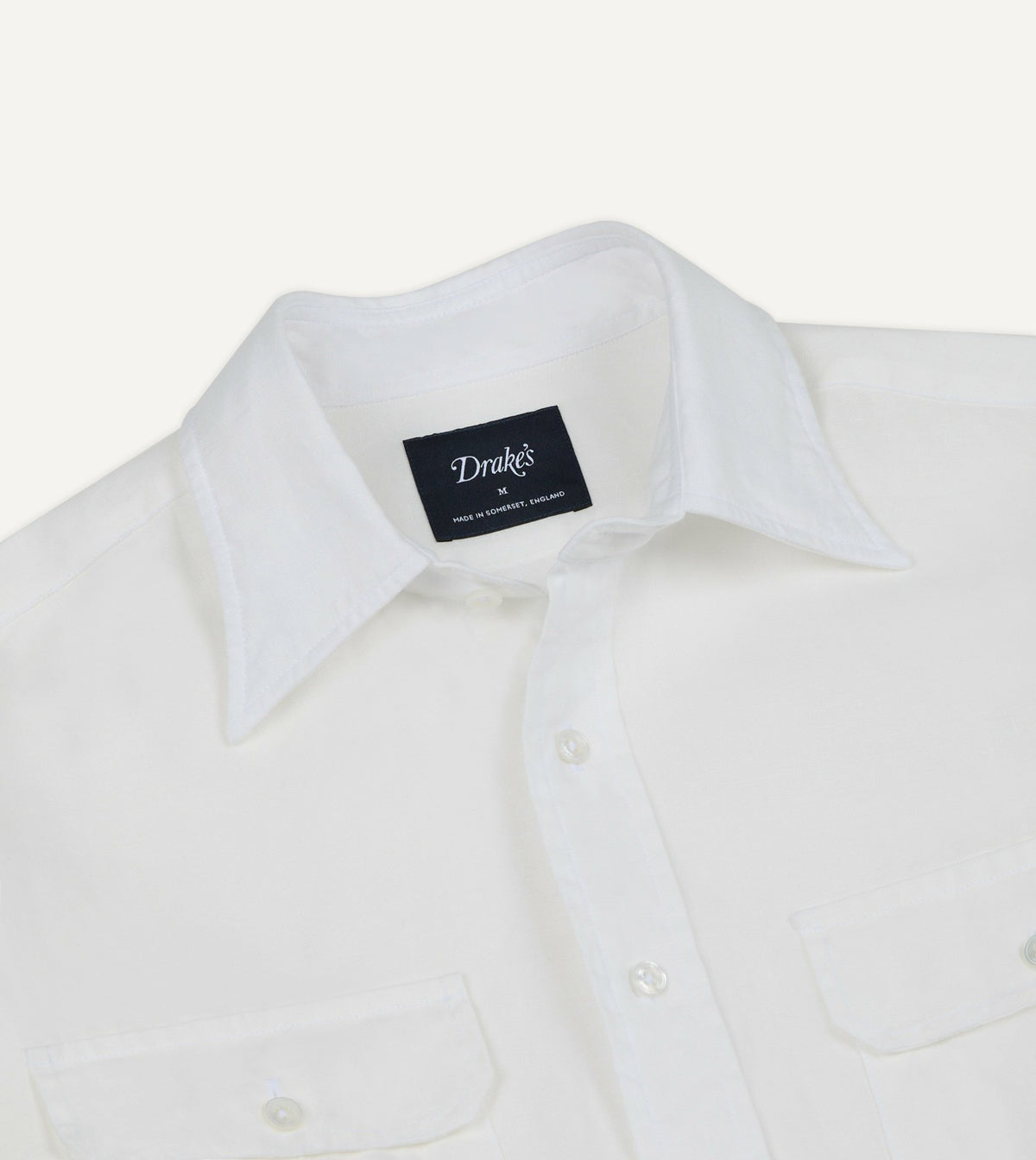 Drake's White Linen Two-Pocket Long Point Collar Work Shirt