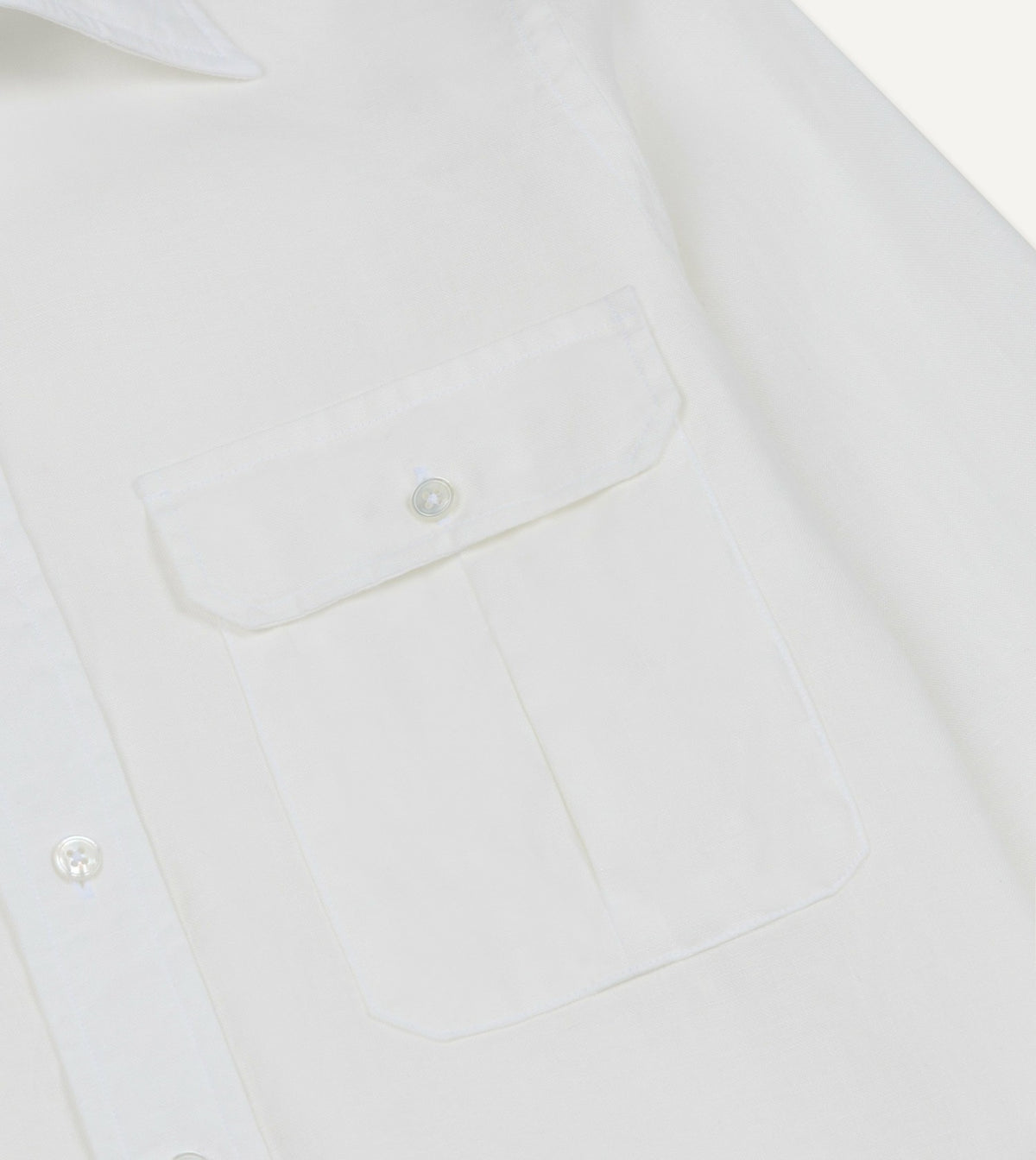 Drake's White Linen Two-Pocket Long Point Collar Work Shirt