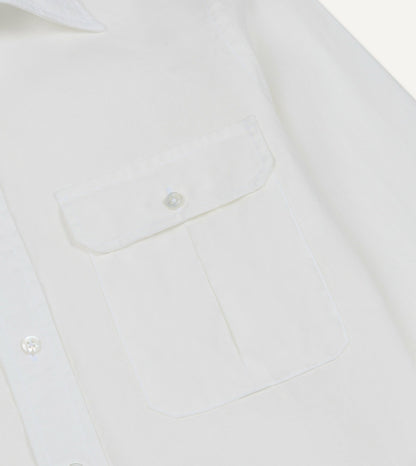 Drake's White Linen Two-Pocket Long Point Collar Work Shirt