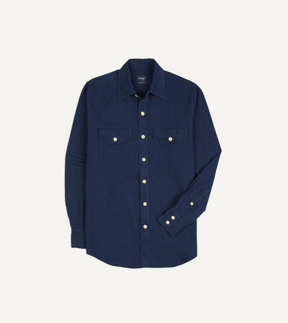 Drake's Indigo Cotton Long Point Collar Work Shirt
