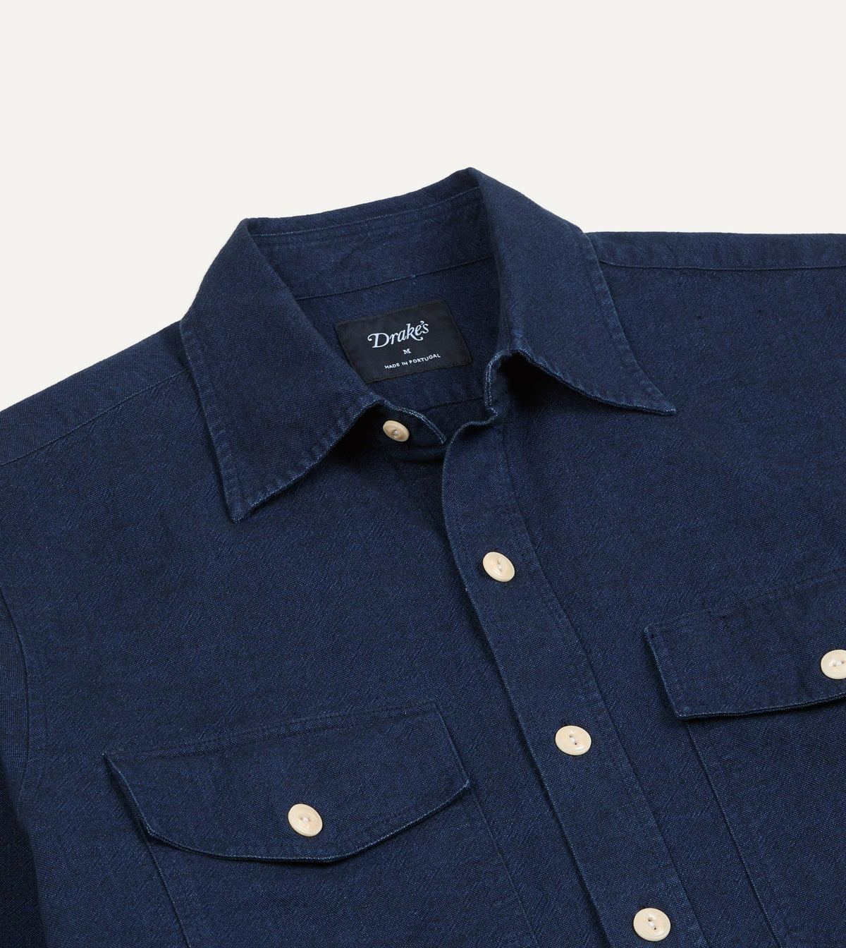 Drake's Indigo Cotton Long Point Collar Work Shirt