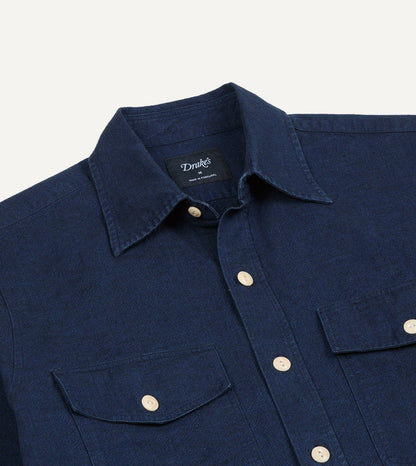 Drake's Indigo Cotton Long Point Collar Work Shirt