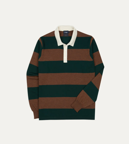 Drake's Green and Brown Block Stripe Knitted Rugby Shirt