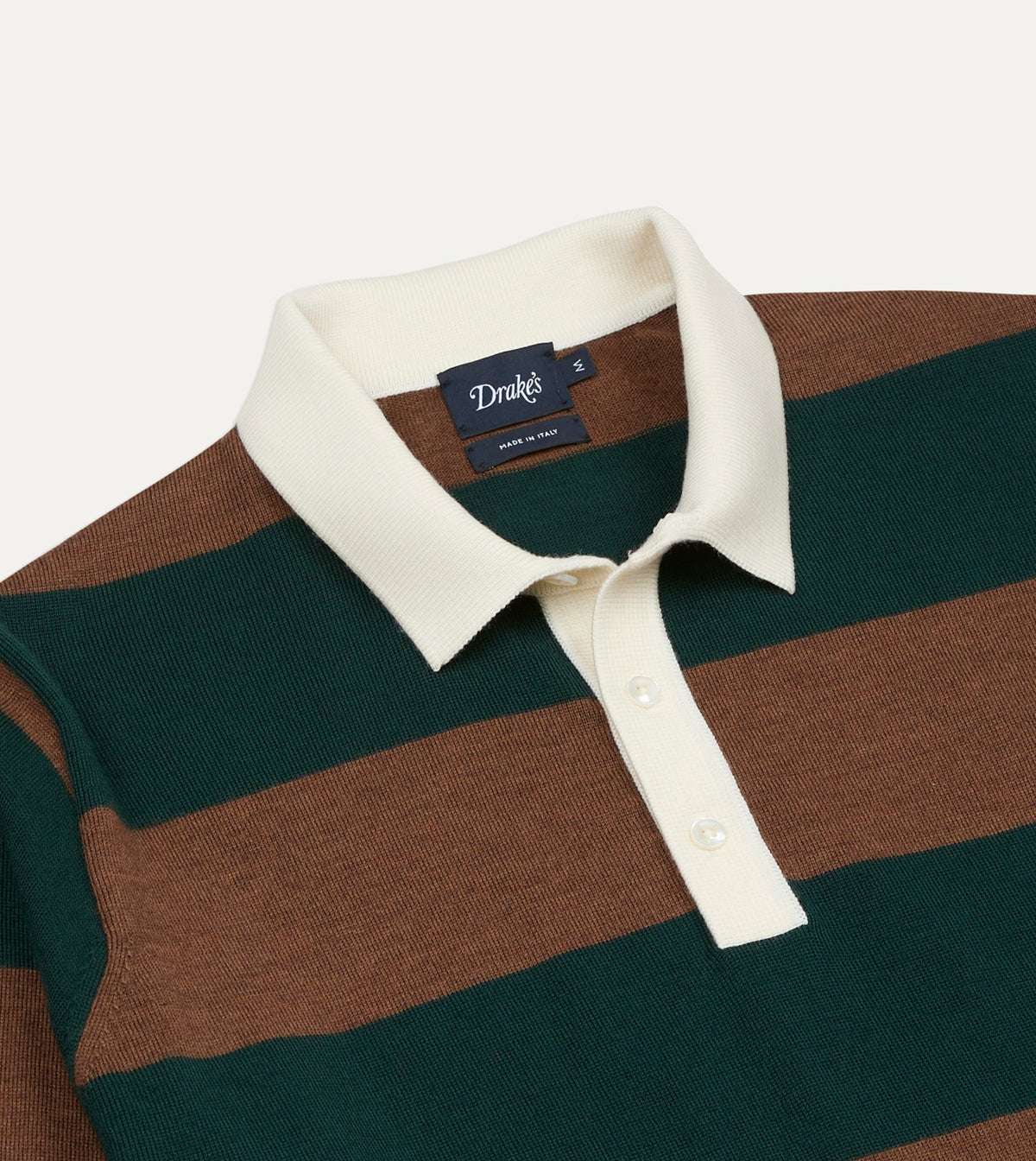 Drake's Green and Brown Block Stripe Knitted Rugby Shirt