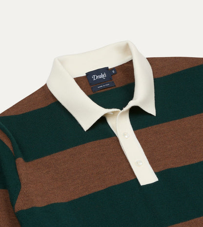 Drake's Green and Brown Block Stripe Knitted Rugby Shirt