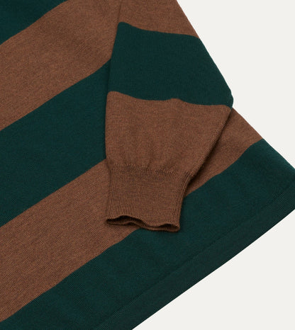 Drake's Green and Brown Block Stripe Knitted Rugby Shirt