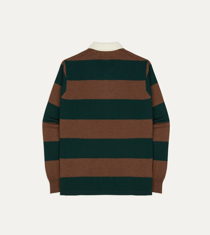 Drake's Green and Brown Block Stripe Knitted Rugby Shirt
