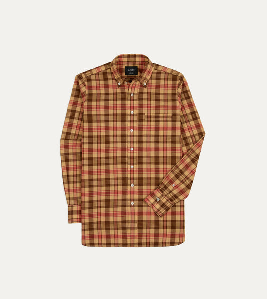Drake's Red and Brown Madras Check Cotton Button-Down Shirt