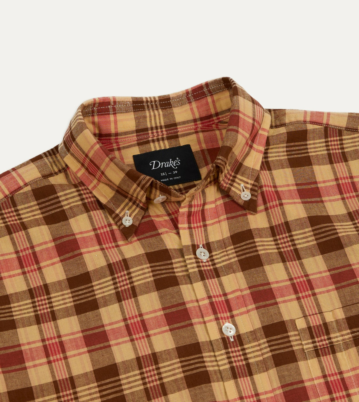 Drake's Red and Brown Madras Check Cotton Button-Down Shirt