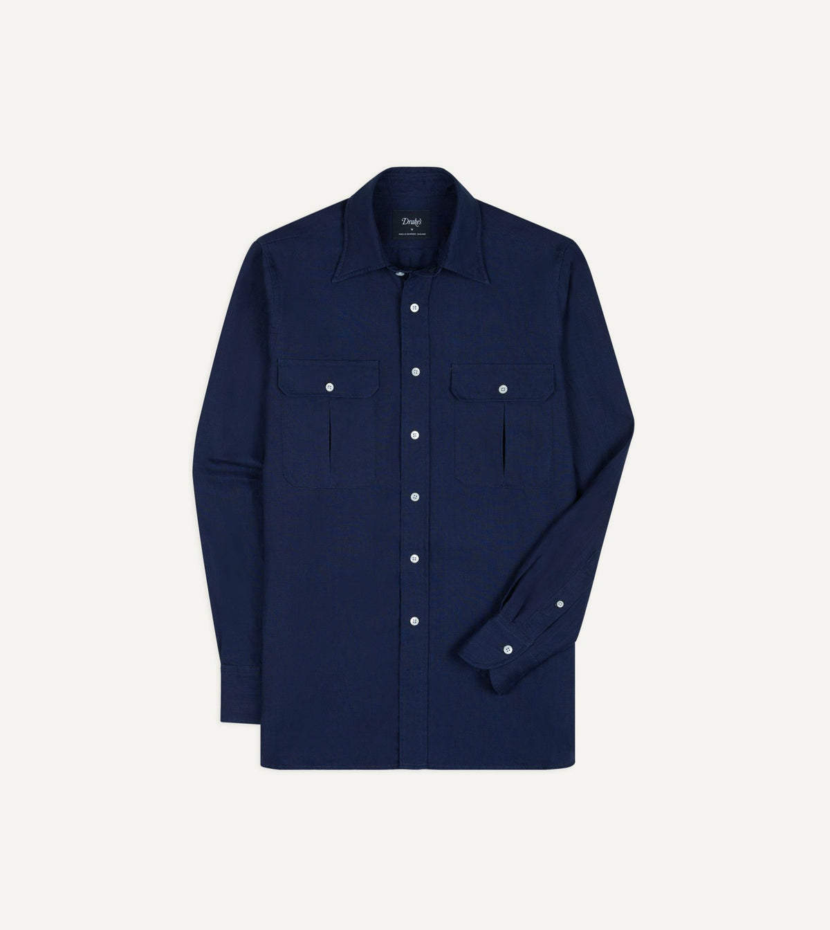 Drake's Indigo Linen Two-Pocket Long Point Collar Work Shirt