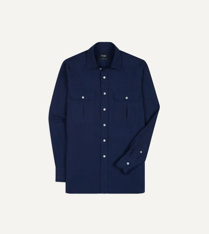 Drake's Indigo Linen Two-Pocket Long Point Collar Work Shirt