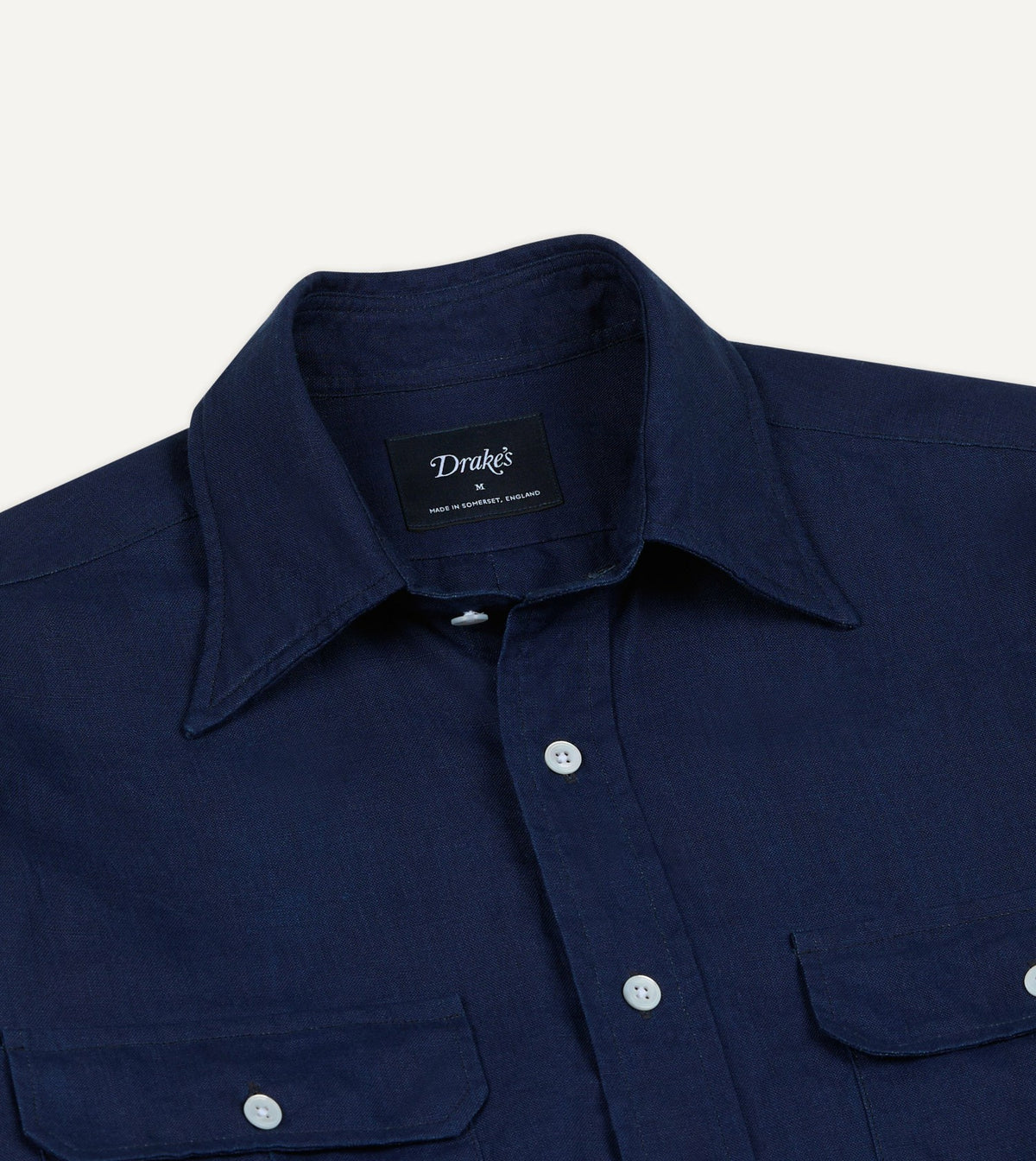 Drake's Indigo Linen Two-Pocket Long Point Collar Work Shirt